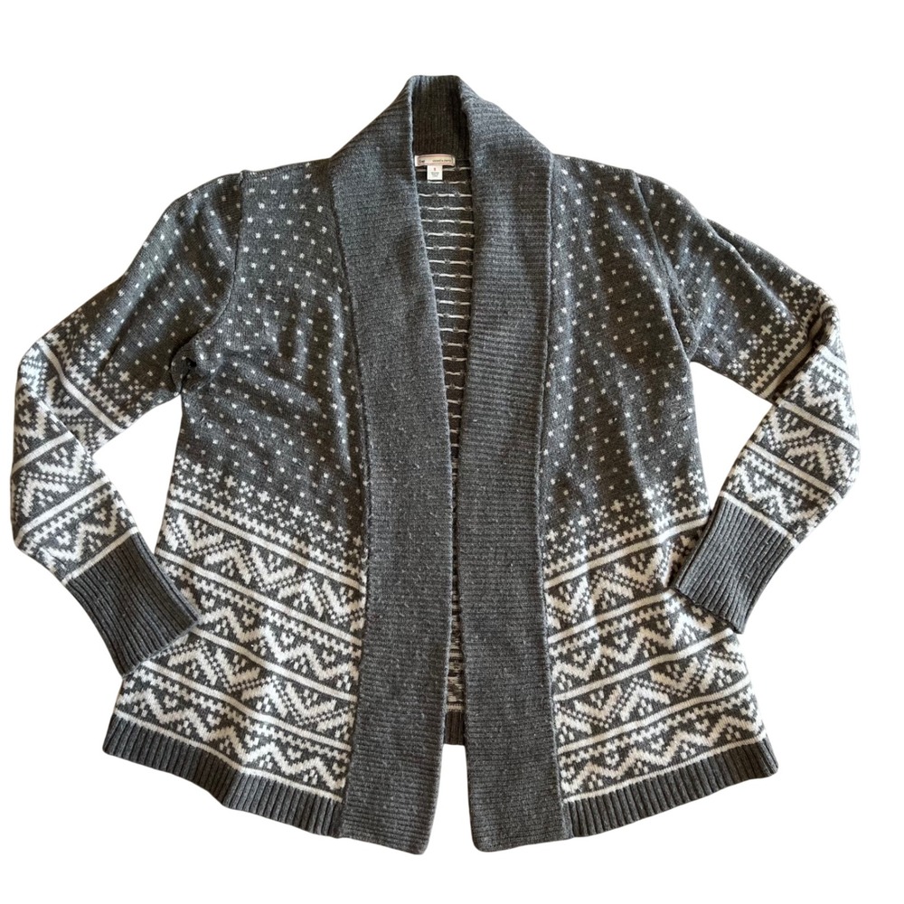 Gap Gray Fair Isle‎ Shawl Collar Open Knit Cardigan Wool Sweater Womens Size S